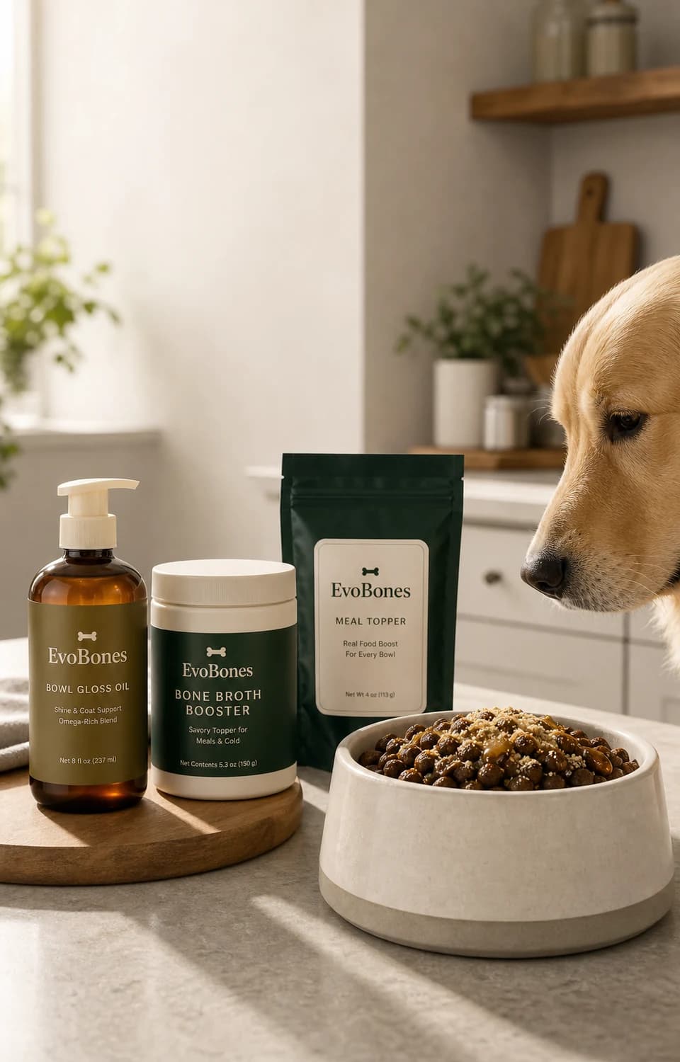 EvoBones bowl routine with oil, bone broth, meal topper, and a prepared dog bowl