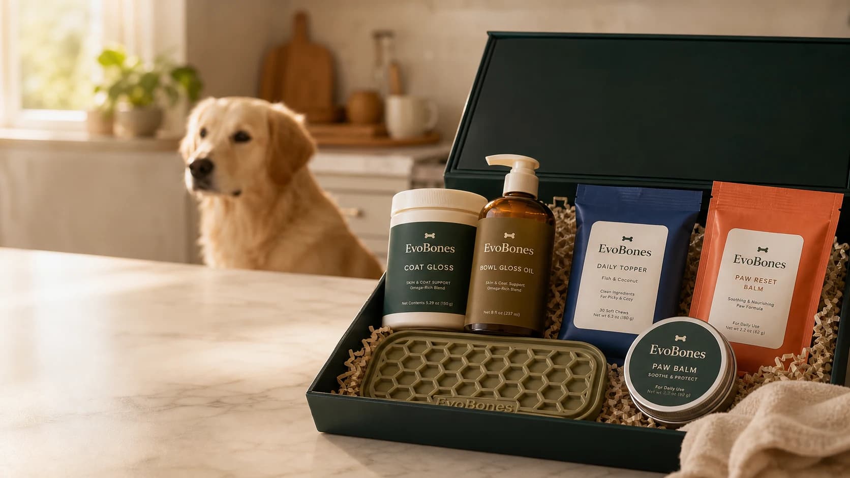 A golden dog in a bright kitchen beside EvoBones tins, pouches, and a ceramic bowl